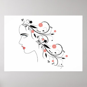 Mooie vrouwenprofiel met bloemen en zirlen poster