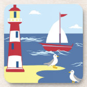 Mooie vuurtoren en boot Zeeoever kunst Bier Onderzetter (Voorkant)