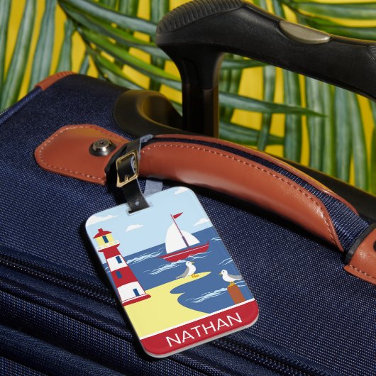 Mooie Vuurtoren en Boot Zeezijde Kunst Persoonlijk Bagagelabel (Voorkant Insitu 1)