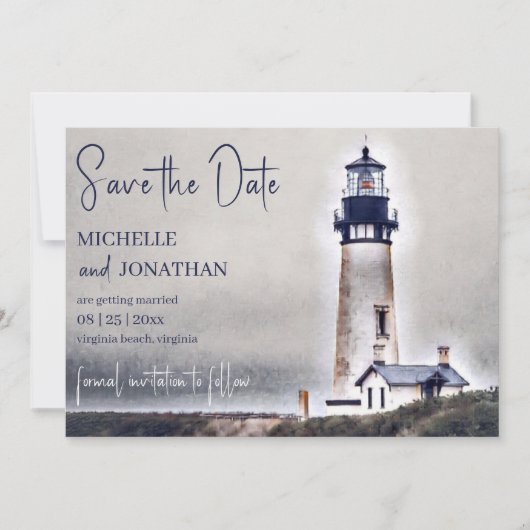 Mooie vuurtoren Nautical Beach foto bruiloft Save The Date (Voorkant)