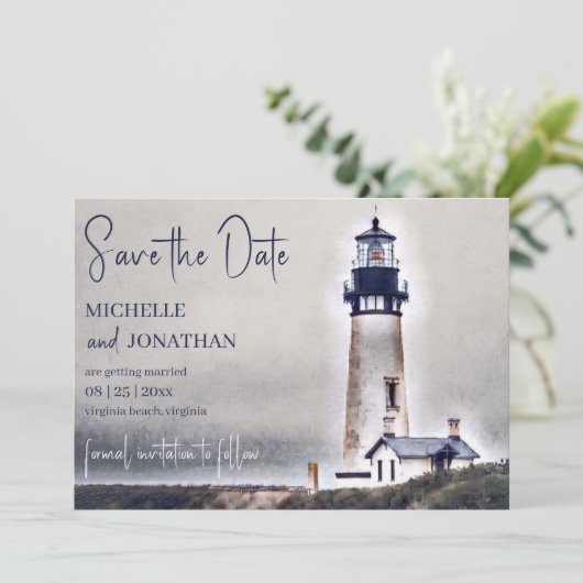 Mooie vuurtoren Nautical Beach foto bruiloft Save The Date (Staand voorkant)
