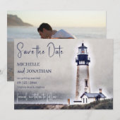 Mooie vuurtoren Nautical Beach foto bruiloft Save The Date (Voorkant / Achterkant)