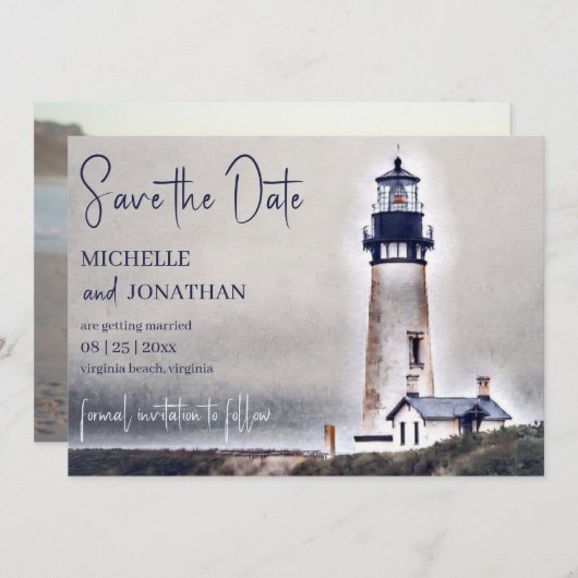 Mooie vuurtoren Nautical Beach foto bruiloft Save The Date (Voorkant / Achterkant)