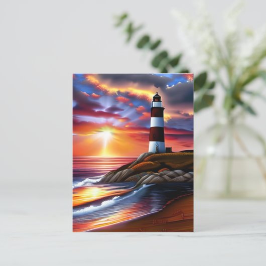 Mooie Vuurtoren, Zonsondergang en Oceaangolven Briefkaart (Staand voorkant)