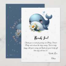 Mooie walvis met madeliefjes babyshower bedankkaar