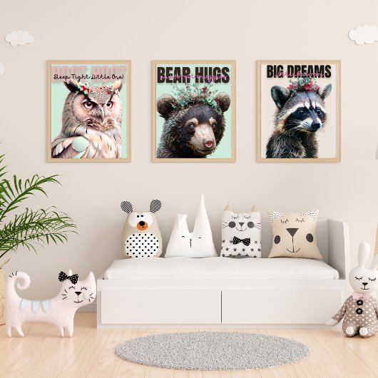 Mooie Wasbeer, Uil en Beer Triptiek Kinderkamer Muurkunst Sets