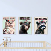Mooie Wasbeer, Uil en Beer Triptiek Kinderkamer Muurkunst Sets