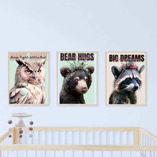 Mooie Wasbeer, Uil en Beer Triptiek Kinderkamer Muurkunst Sets