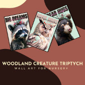 Mooie Wasbeer, Uil en Beer Triptiek Kinderkamer Muurkunst Sets