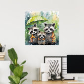 Mooie wasberen in de regen poster (Thuiskantoor)