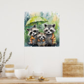 Mooie wasberen in de regen poster (Keuken)
