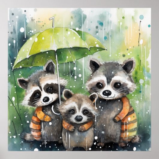 Mooie wasberen in de regen poster (Voorkant)