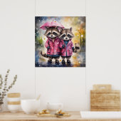 Mooie wasberen in de regen poster (Keuken)