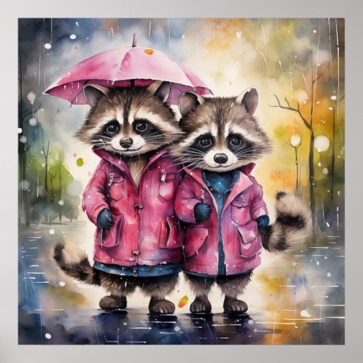 Mooie wasberen in de regen poster (Voorkant)