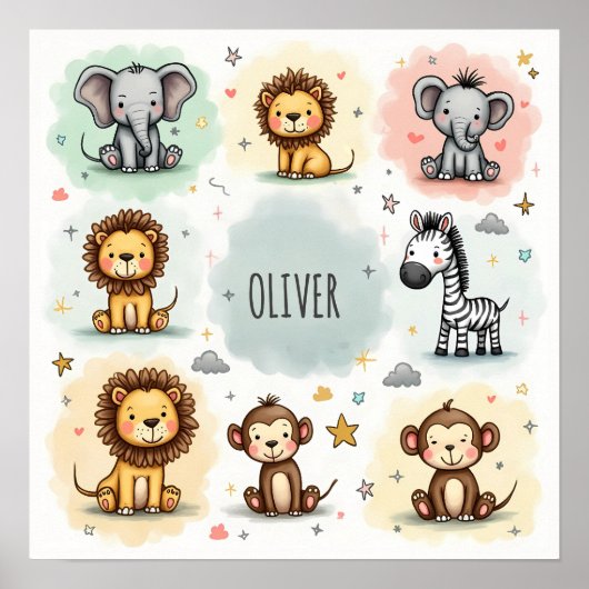 Mooie watercolor safari dierendoodles poster (Voorkant)