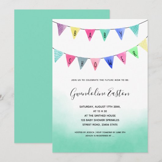 Mooie watercolor slinger vlaggen script baby showe kaart (Voorkant / Achterkant)