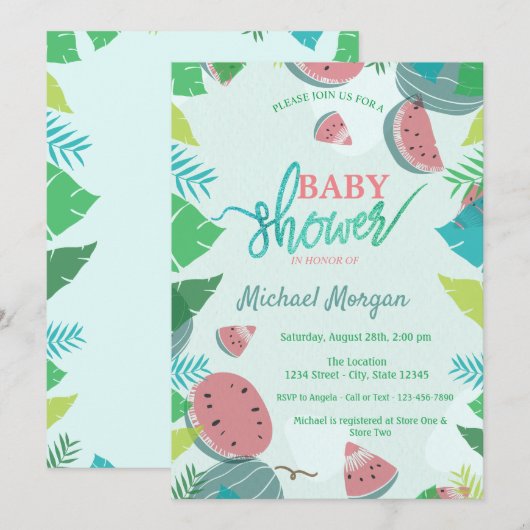 Mooie Watermeloen, Tropische Bladeren Baby Shower Kaart (Voorkant / Achterkant)