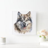 MOOIE WATERVERF ALASKAN MALAMUTE HOND VIERKANTE KLOK (Huis)