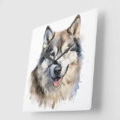 MOOIE WATERVERF ALASKAN MALAMUTE HOND VIERKANTE KLOK (Hoek)