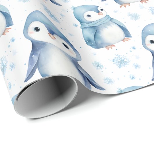 Mooie Waterverf Baby Pinguïn Kerst Cadeaupapier (Rol Hoek)