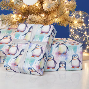 Mooie Waterverf Baby Pinguïn Kerst Cadeaupapier