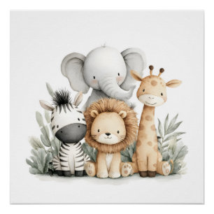 Mooie Waterverf Baby Safari Dieren Groep Print Perfect Poster