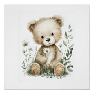 Mooie Waterverf Beer met Wilde Bloemen Perfect Poster