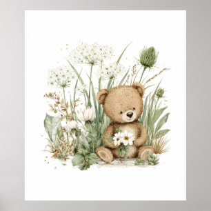Mooie Waterverf Beer met Wilde Bloemen Poster