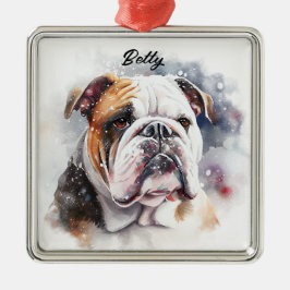 MOOIE WATERVERF BESNEEUWDE BULLDOG GEZICHT METALEN ORNAMENT