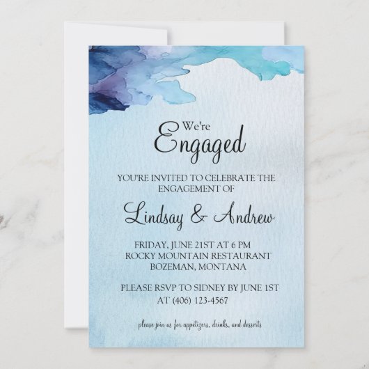 Mooie Waterverf Blauw Verlovingsfeest Uitnodigen Kaart (Achterkant)