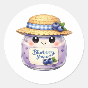 Mooie waterverf blauwe bessen yoghurt pot met hoed ronde sticker