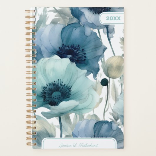 Mooie waterverf blauwe bloemige gepersonaliseerde planner (Voorkant)