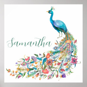 Mooie waterverf blauwe pauw I Poster