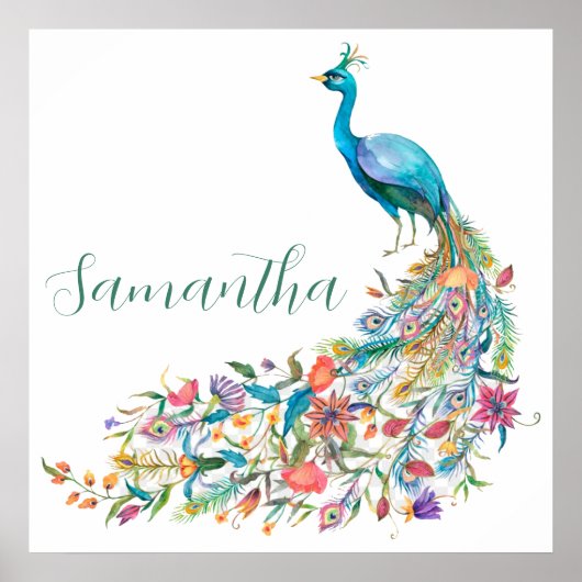 Mooie waterverf blauwe pauw I Poster (Voorkant)