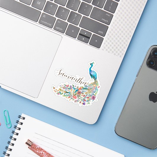 Mooie waterverf blauwe pauw I Sticker (Laptop met iPhone)