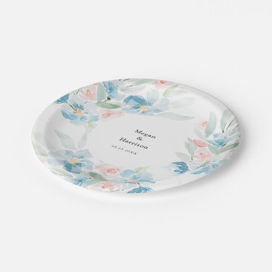 Mooie waterverf bloedige rozen en blauwe bloemen papieren bordje (Gekanteld)