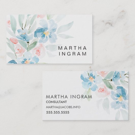 Mooie waterverf bloedige rozen en blauwe bloemen visitekaartje (Voorkant / Achterkant)
