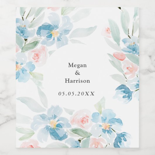 Mooie waterverf bloedige rozen en blauwe bloemen wijn etiket (Enkel label)