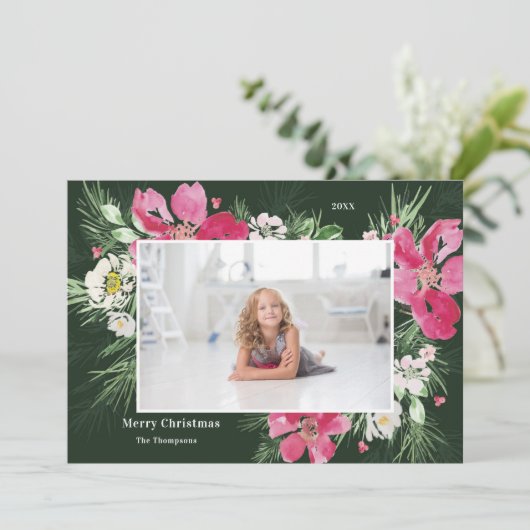 Mooie Waterverf bloem met groene kerstmis Feestdagenkaart (Staand voorkant)
