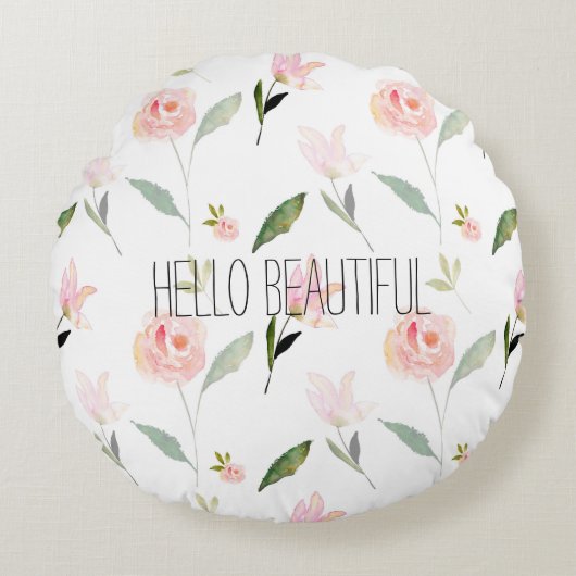 Mooie Waterverf Bloemen Blush Roze Rond Kussen (Voorkant)