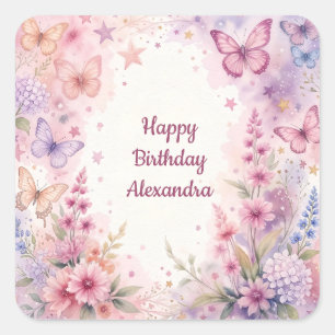 Mooie waterverf bloemen en vlinders vierkante sticker