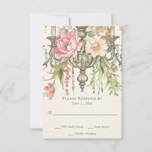 Mooie Waterverf Bloemen Kroonluchter Bruiloft RSVP Kaartje (Voorkant)