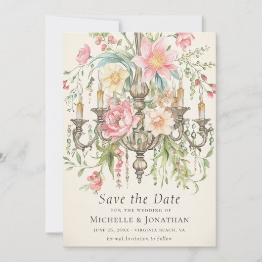 Mooie Waterverf Bloemen Kroonluchter Bruiloft Save The Date (Voorkant)