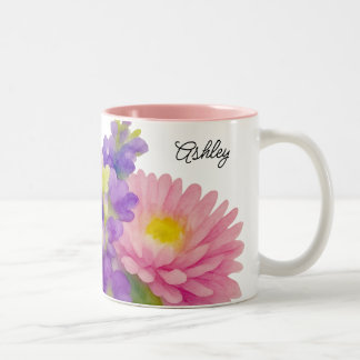 Mooie waterverf bloemenboeket aangepaste naam tweekleurige koffiemok