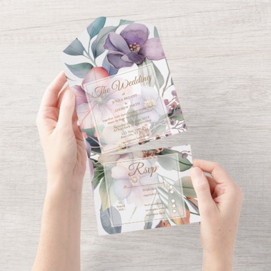 Mooie waterverf bloemenbruiloft all in one uitnodiging (Afscheurbaar)