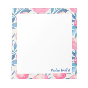 Mooie waterverf bloemmotief roze blauw naam notitieblok