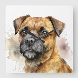 MOOIE WATERVERF BORDER TERRIER HOND VIERKANTE KLOK