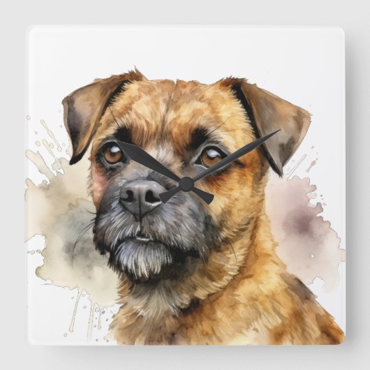 MOOIE WATERVERF BORDER TERRIER HOND VIERKANTE KLOK (Voorkant)