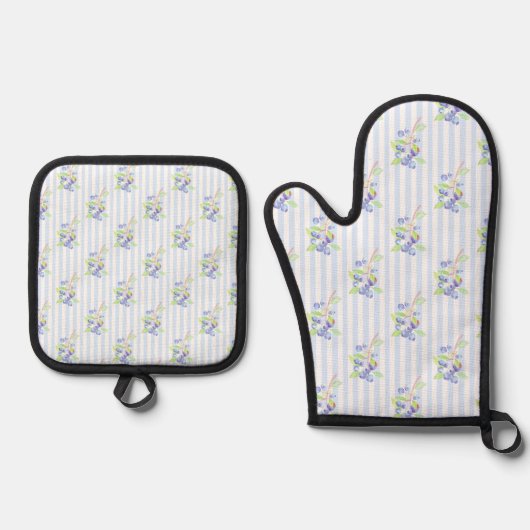 Mooie waterverf bosbes botanische strepenpatroon ovenwant & pannenlap set (Voorkant)