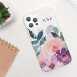 Mooie Waterverf botanische flora   monogram Case-Mate iPhone 14 Hoesje<br><div class="desc">Deze mooie telefoonbehuizing is voorzien van een klassieke witte achtergrond,  een mooie botanische waterverf in tinten groen,  roze en paars met je monogram in elegante typografie. Voeg uw initialen toe om dit ontwerp aan te passen. Het maakt ook een prachtige verjaardag of vakantie cadeau!</div>